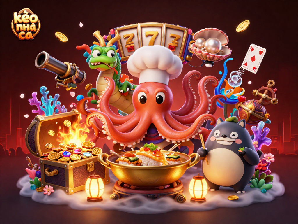 Engage with kèo nhà cái in a vibrant illustration featuring an octopus chef and dragon in a casino scene.