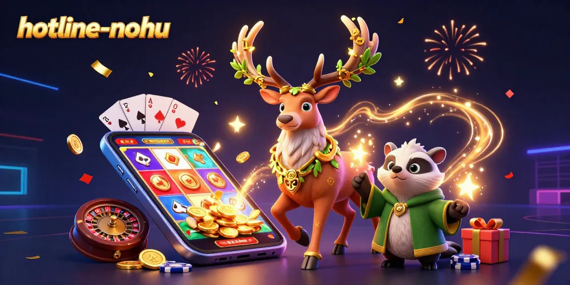 Engage in thrilling games at hotline-nohu with 3D illustration of whimsical gaming characters and vibrant casino elements.