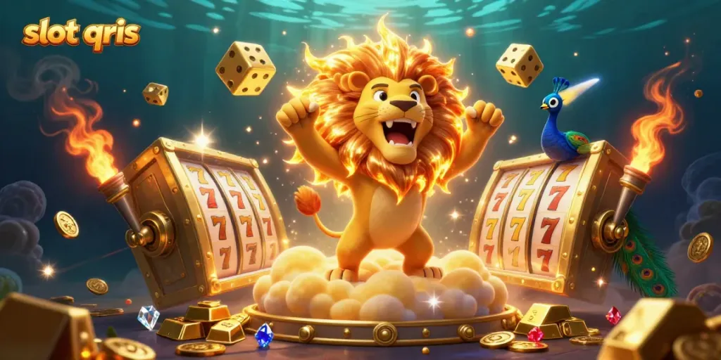 Experience thrilling slot qris adventures with a vibrant illustration featuring a roaring lion and gold treasures.