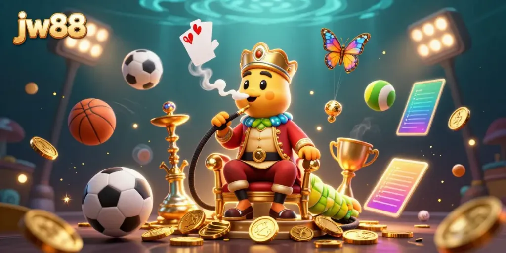 Experience the engaging atmosphere at jw88 with a vibrant 3D casino scene featuring animated characters and gaming elements.
