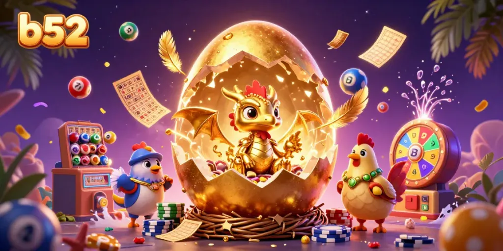 Experience thrilling gaming with the b52 baby dragon emerging from a golden egg amid poker chips and vibrant casino elements.