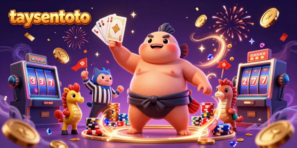 Engaging taysentoto illustration shows a blowfish in a sumo belt surrounded by casino elements