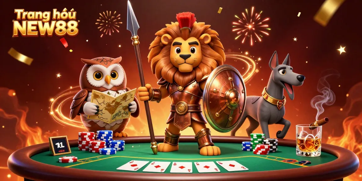 Engage with the thrilling experience on Trang chủ NEW88 as a Spartan lion, owl strategist, and greyhound messenger celebrate victory around a vibrant poker table.