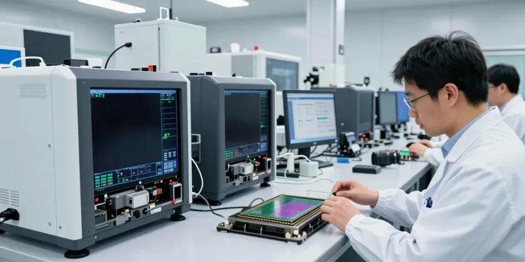 Proses manufaktur semikonduktor di https://www.oe-semiconductor.com/index2.html dengan insinyur memeriksa wafer silikon.