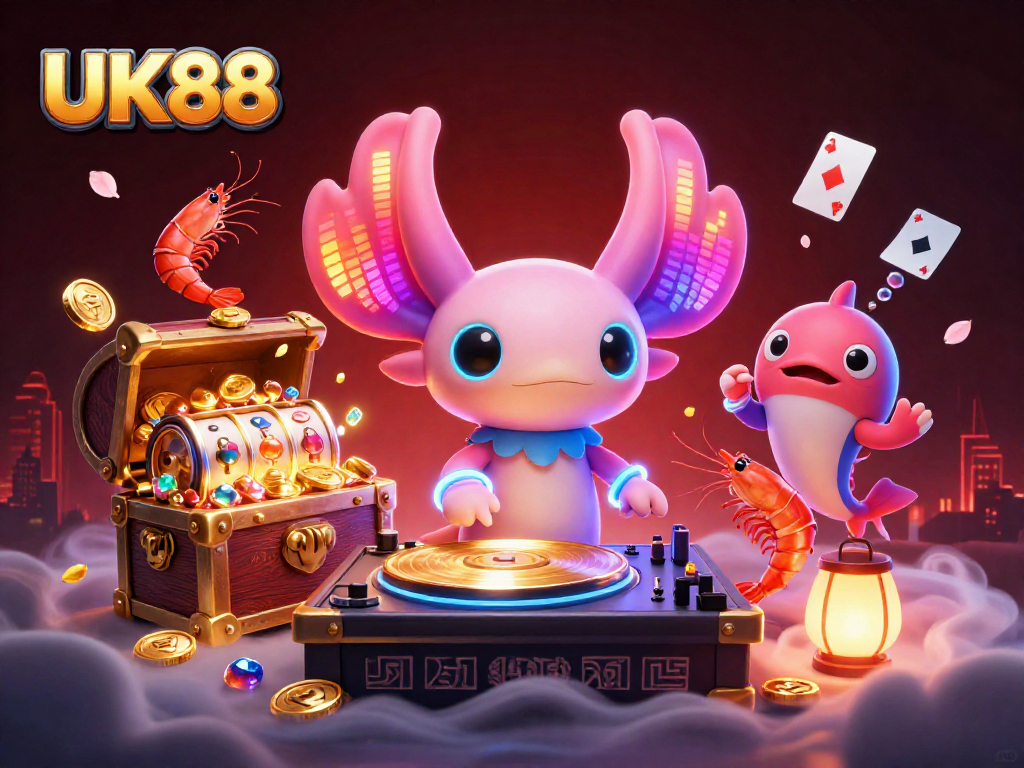 Experience thrilling gameplay with UK88's vibrant 3D illustration featuring a neon axolotl DJ and lively underwater elements.