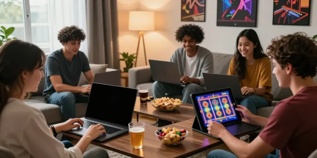 Friends enjoying the slot88 gaming experience in a vibrant living room