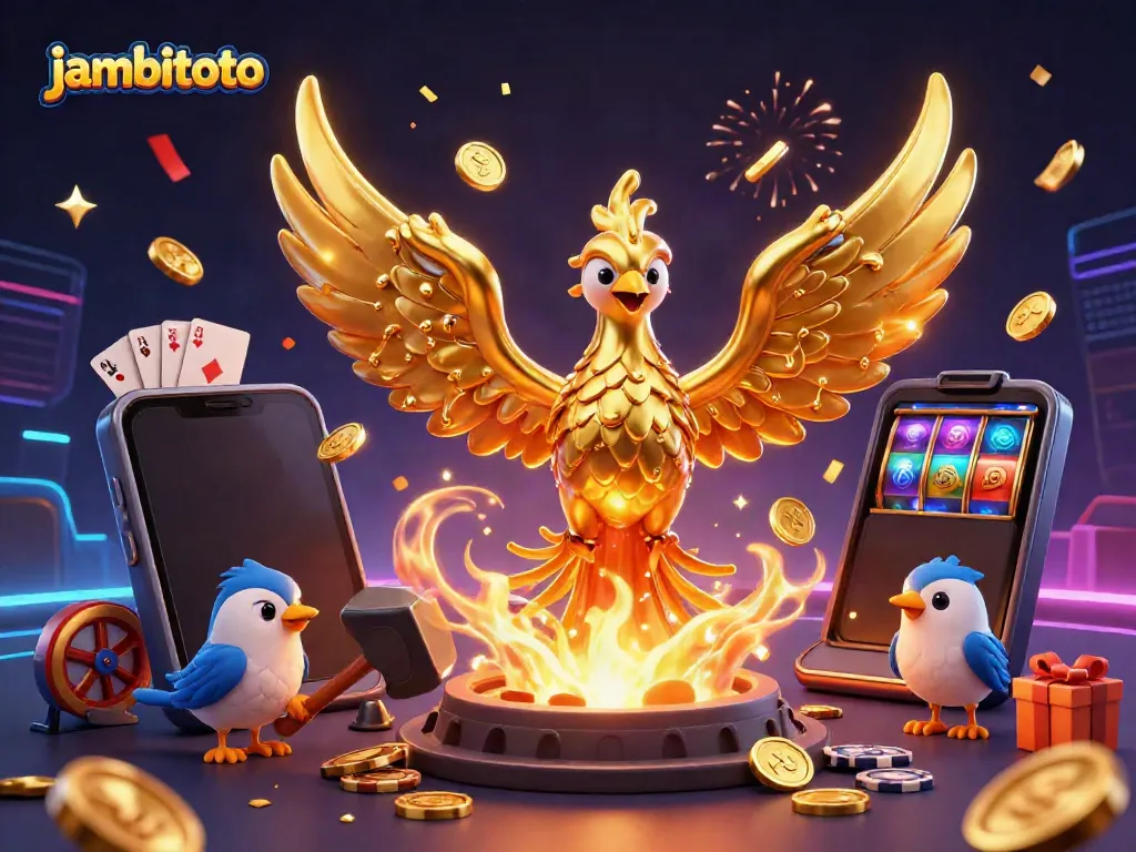Experience incredible wins with jambitoto as vibrant golden phoenix and gaming elements create a thrilling atmosphere.