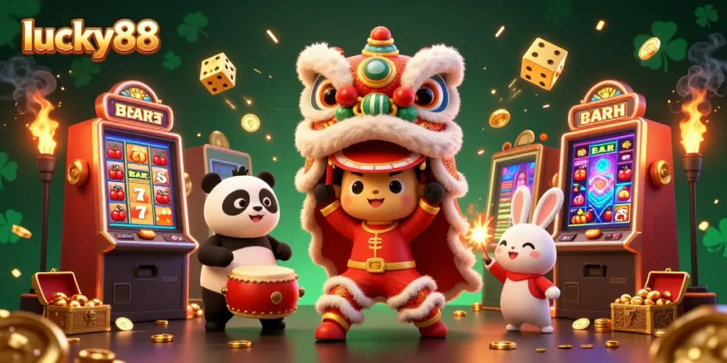 Experience the excitement of lucky88 with a vibrant casino scene featuring a lion dance and dynamic gaming elements.