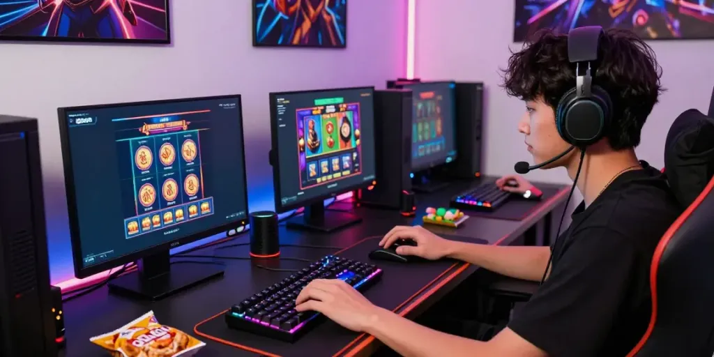 Engaged player immersed in a thrilling slot gacor game at a modern gaming setup.