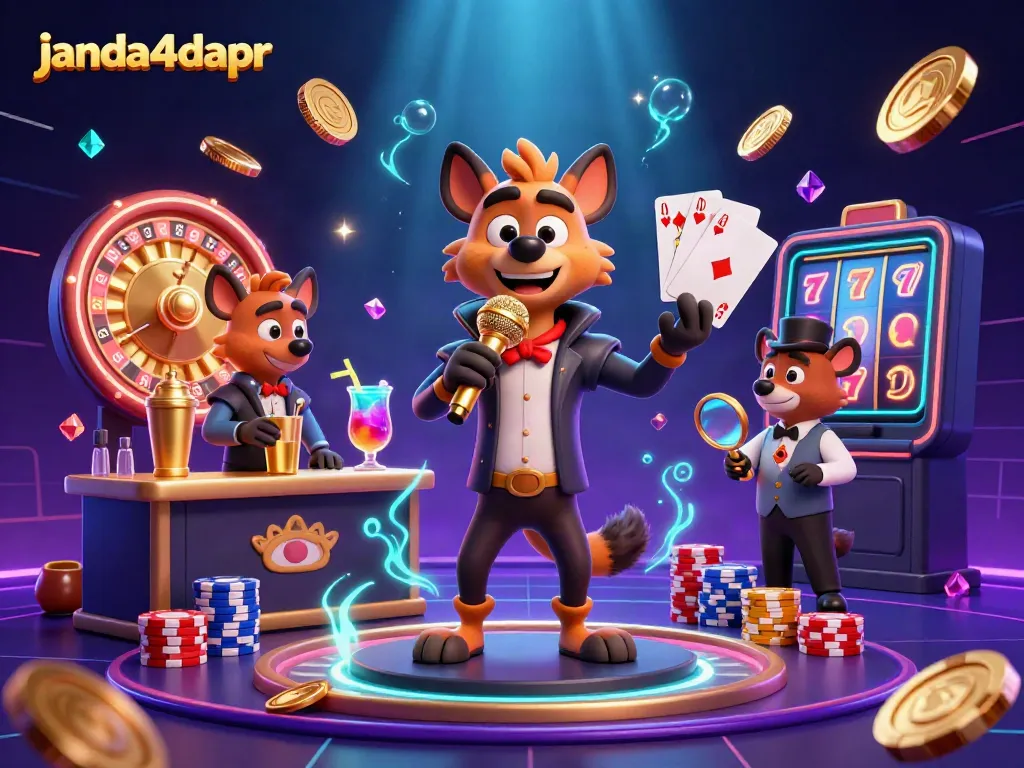 Janda4dapr menyajikan suasana kasino digital ceria dengan hyena dalam aksi komedi dan permainan.