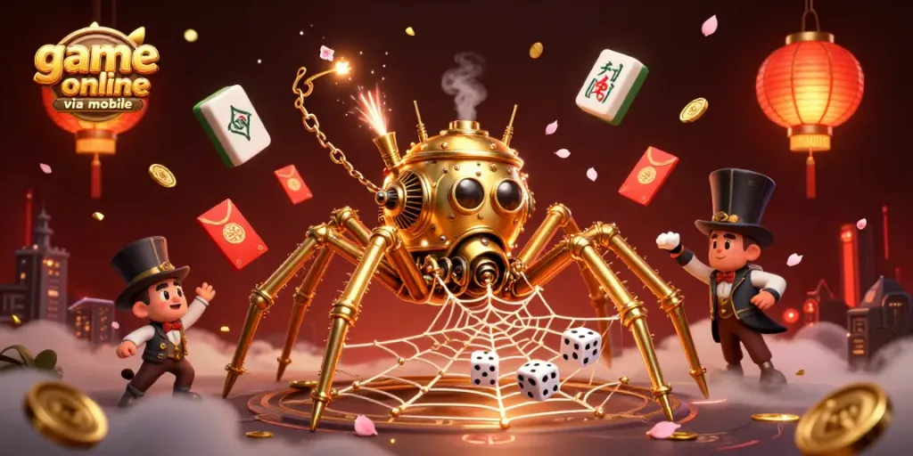 Experience the excitement of game online via mobile with rich visuals of a steampunk spider and floating elements.