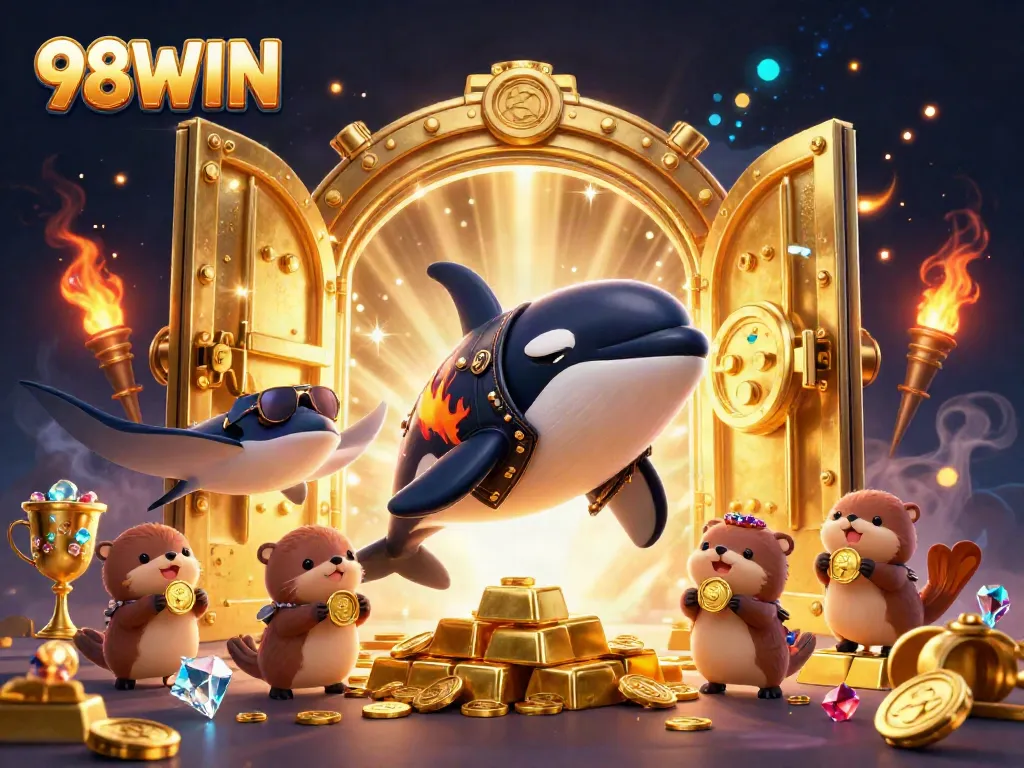 Experience thrilling moments at 98WIN with an orca in leather, a stingray, and otters cherishing golden coins.