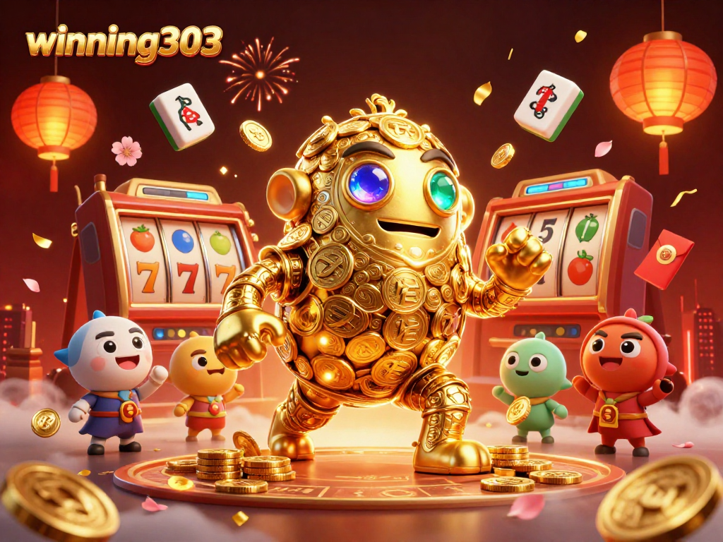 Winning303 captivates players with a dynamic 3D casino atmosphere filled with slot reels and golden golems.