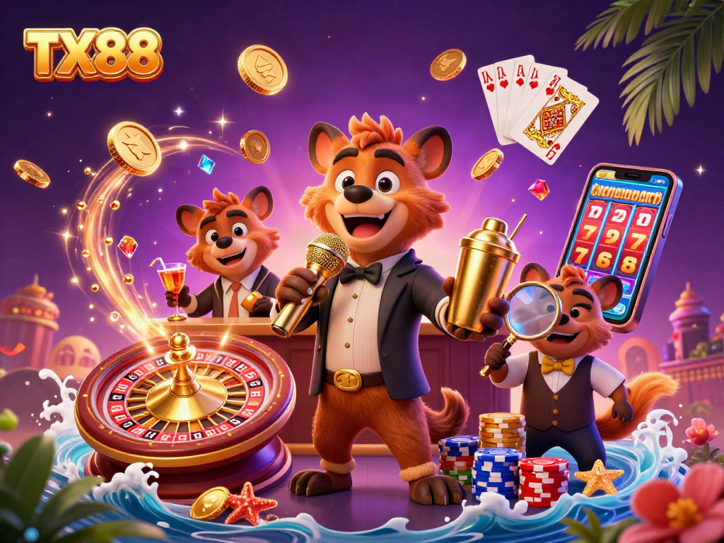 Experience the excitement of TX88 with a lively hyena comedy club casino scene featuring games and cocktails.