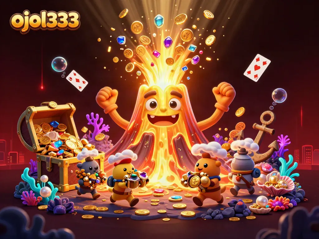 Experience gameplay excitement at ojol333 with a golden volcano eruption and treasure seekers.