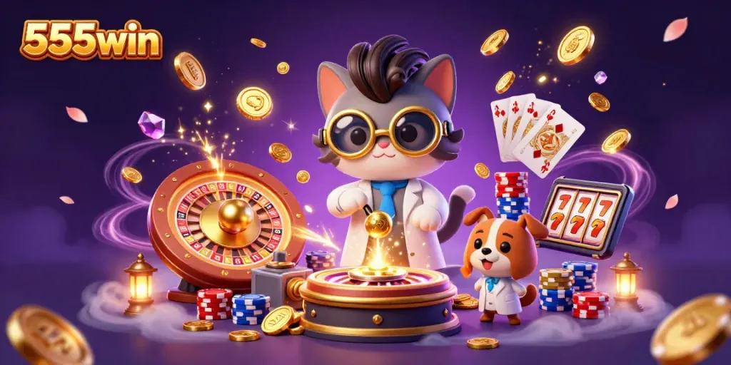 Experience exciting gameplay at 555win with a vibrant 3D casino scene featuring gold coins and slot machines.