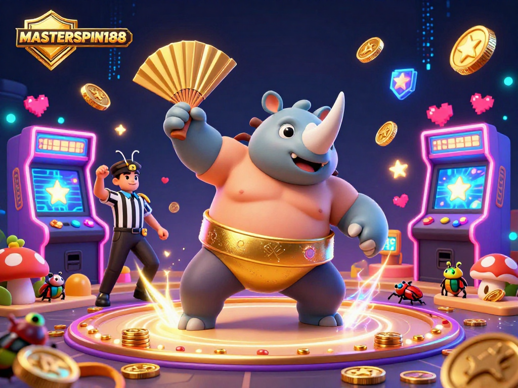 Experience epic wins at MASTERSPIN188, featuring a powerful sumo beetle champion surrounded by vibrant gambling elements.