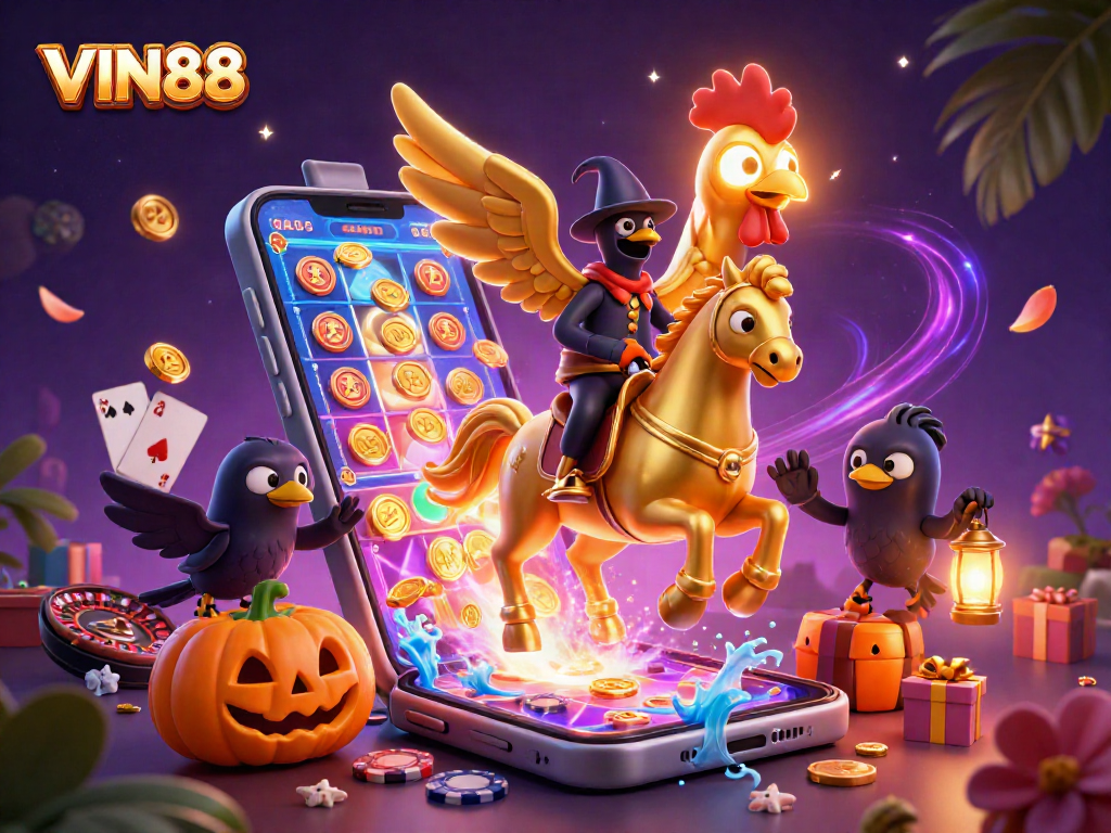 Experience VIN88's vibrant casino adventure with a golden rooster and gaming elements in a magical setting.