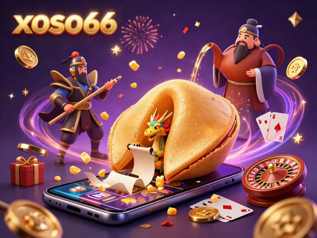 Experience the thrill of xoso66 with this 3D illustration of lucky elements and casino symbols in a magical setting.