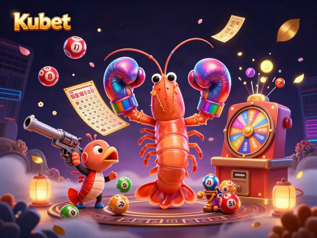 Kubet transforms gaming with an electrifying scene featuring a mantis shrimp champion and vibrant lottery elements.