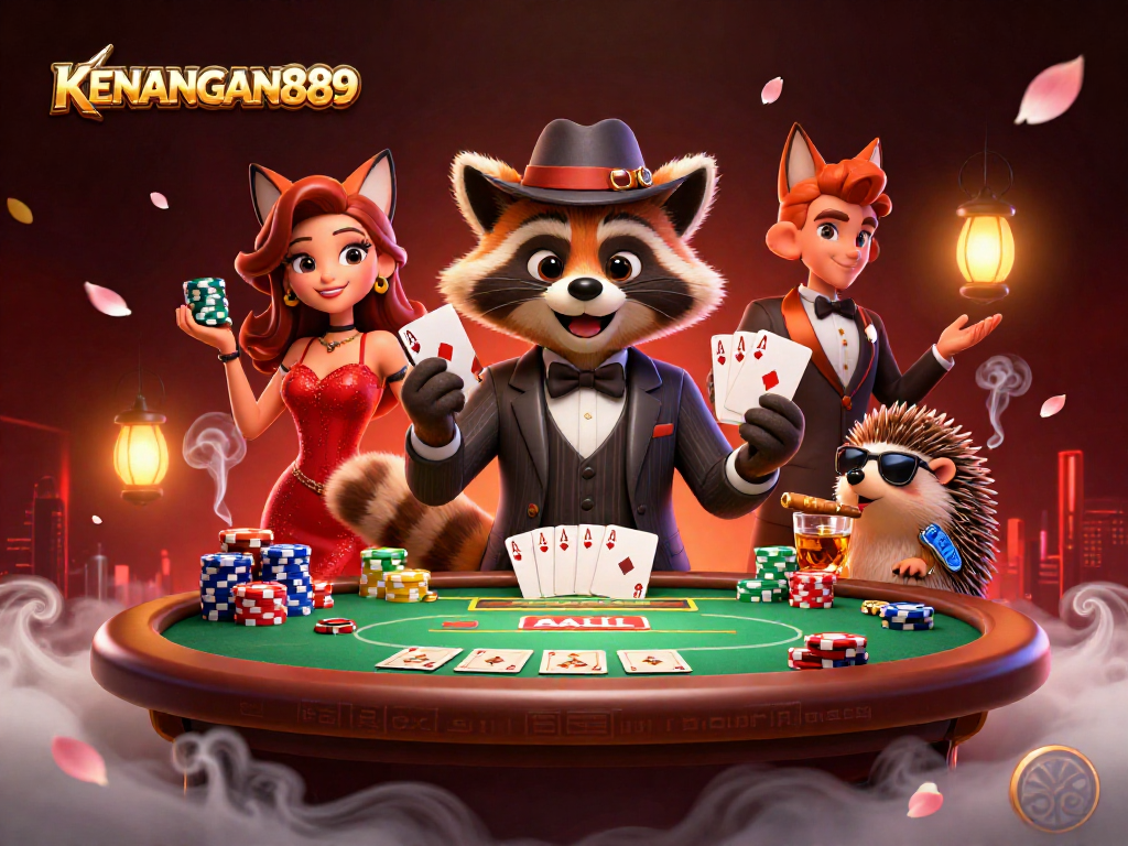 KENANGAN889 showcases a charming raccoon and fox duo celebrating a winning poker hand amidst vibrant casino elements.