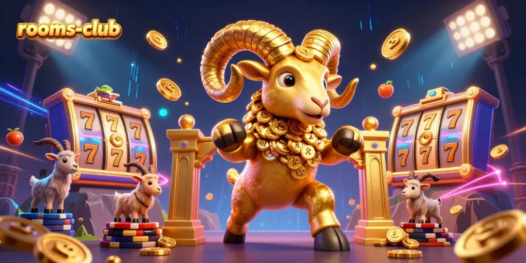 Permainan slot cepat di rooms-club dengan domba emas sebagai karakter utama, dikelilingi simbol slot dan efek cahaya neon.