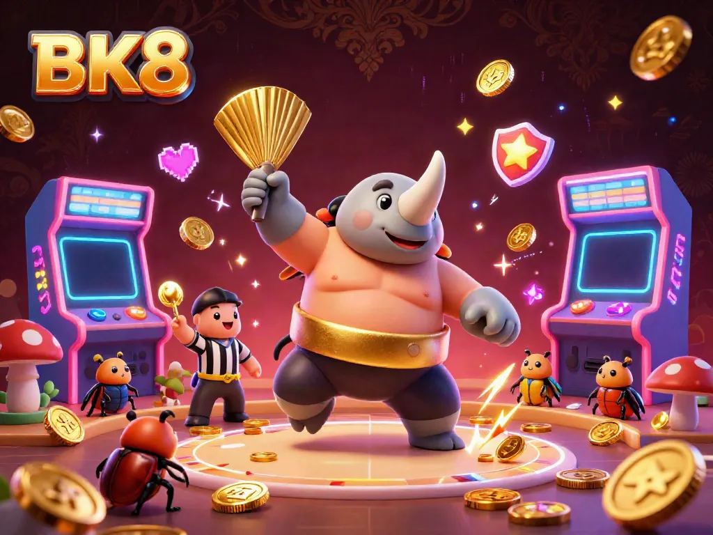 Watch BK8's rhinoceros beetle sumo champion kicking off a golden coin shower in this vibrant online gaming scene.