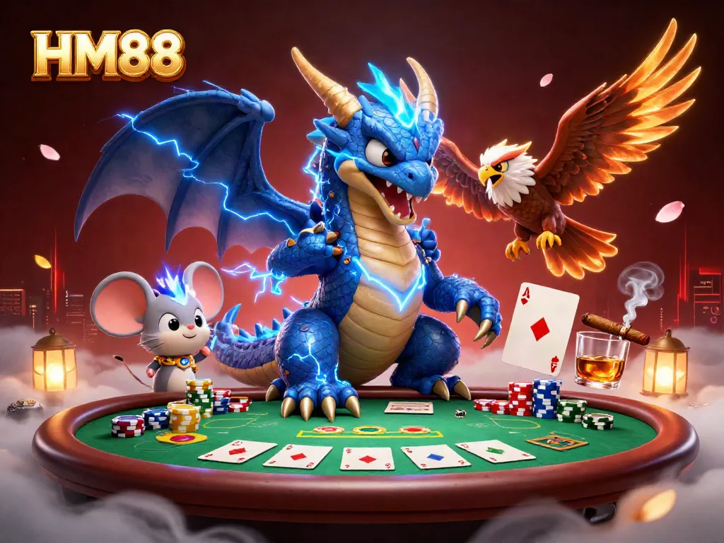 Join the thrilling HM88 casino adventure with electric dragon and dynamic poker scene.