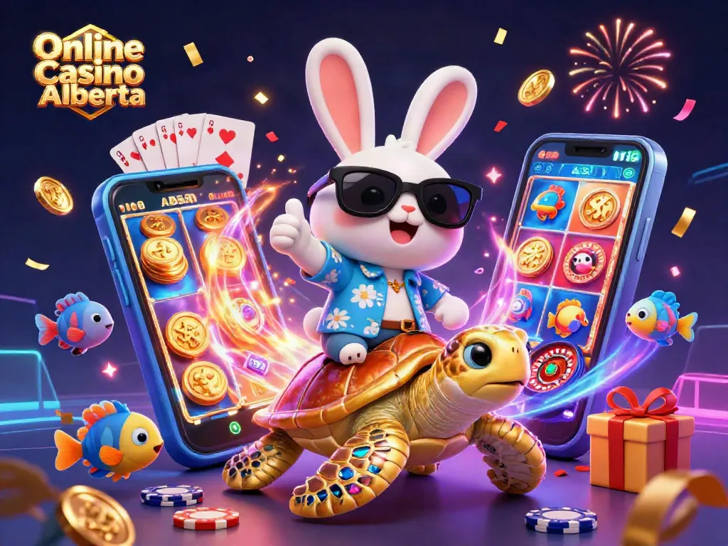 Play thrilling games at Online Casino Alberta with lucky rabbit and golden turtle illustration.