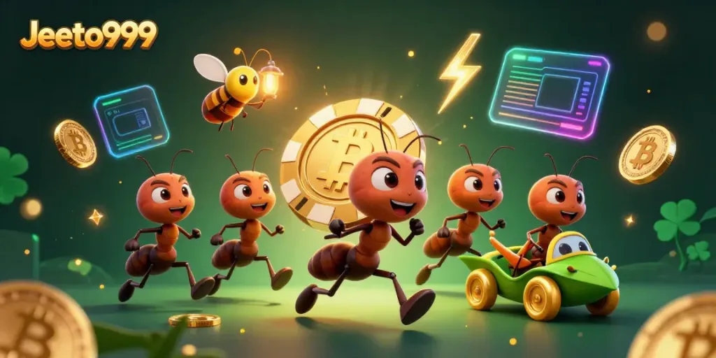 Experience the excitement of Jeeto999 with a cartoon heist scene showcasing ants, crypto coins, and immersive gaming elements.