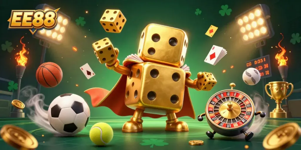 EE88 enhances your gaming experience with a vibrant 3D illustration of a golden dice golem and dynamic sports elements.