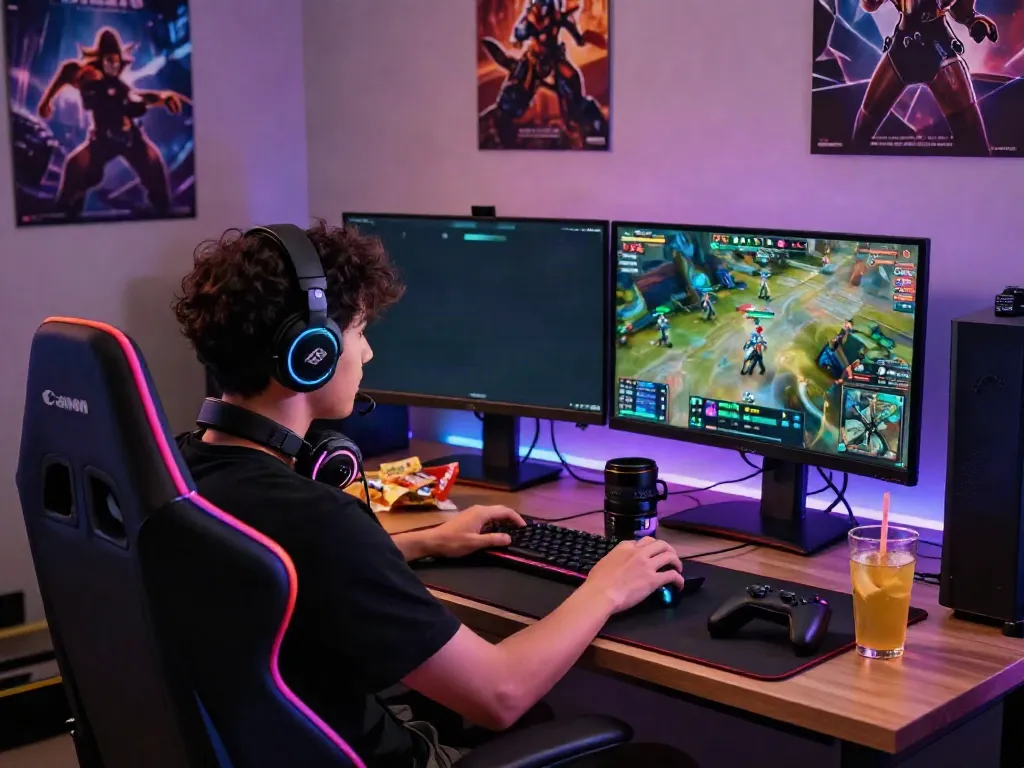 Intense gaming moment at a QQMacan setup featuring gameplay on dual monitors.