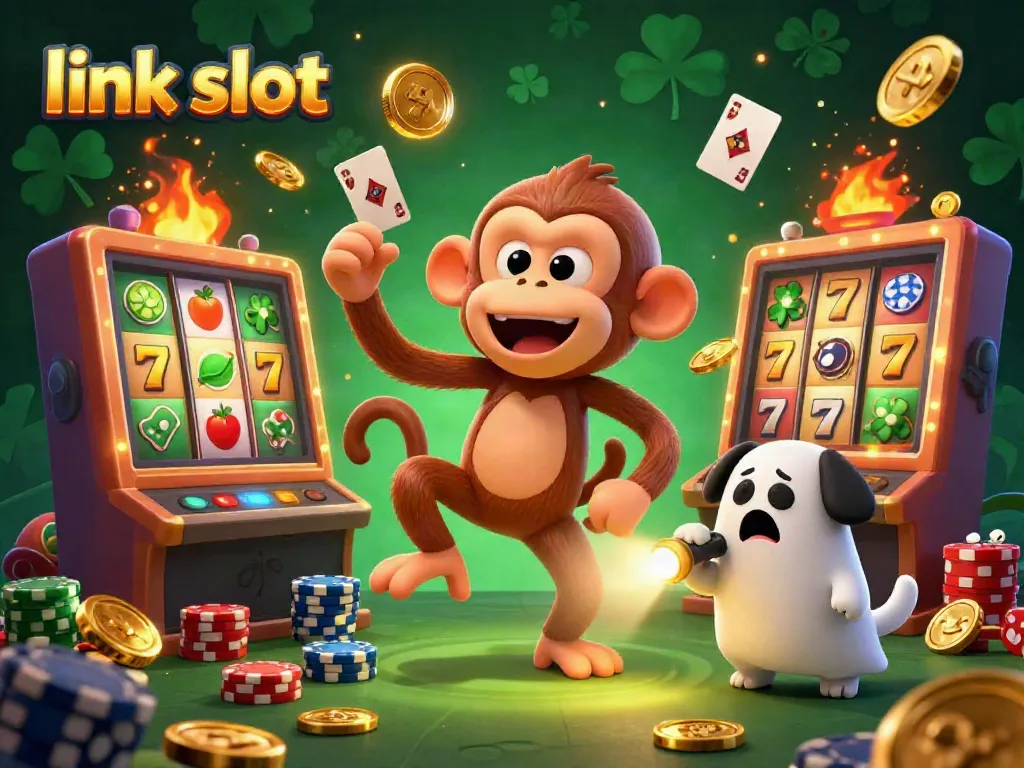 Permainan mesin slot online "link slot" dalam ilustrasi penuh warna, dengan koin dan simbol berkilauan.