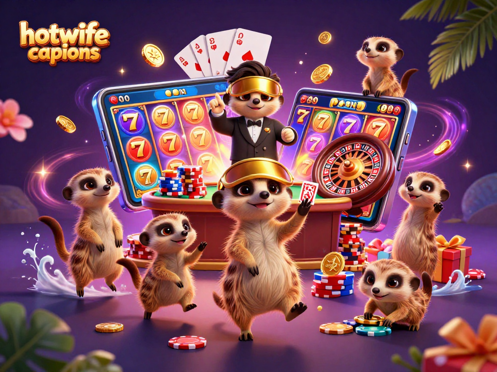 Engaging hotwife captions scene featuring meerkats as casino operators, showcasing vibrant gambling elements.