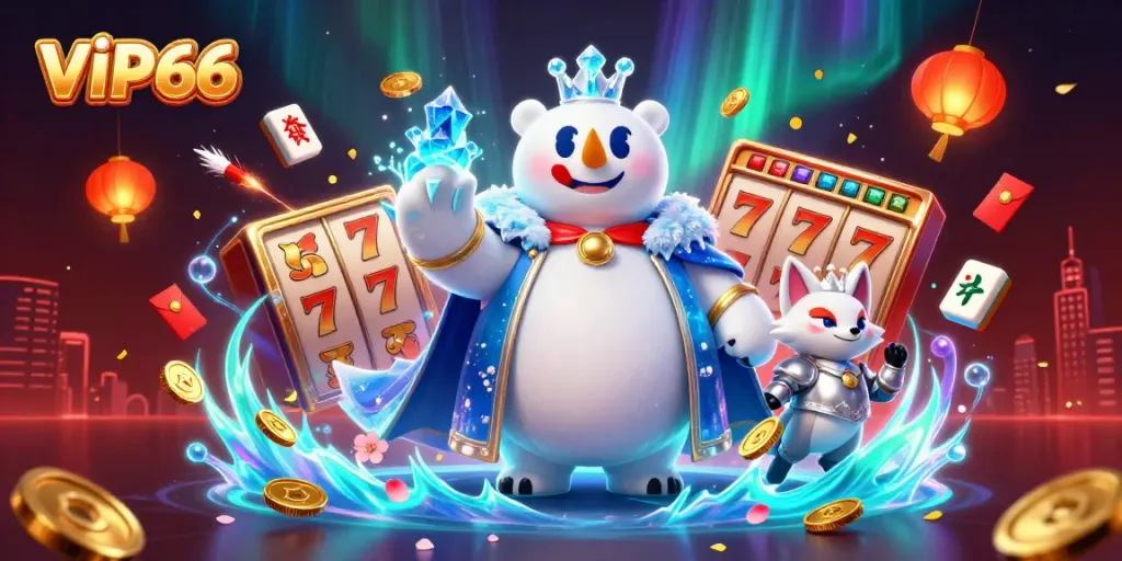 Join the excitement at VIP66 with our captivating 3D casino illustration featuring dynamic slot reels and enchanting characters.