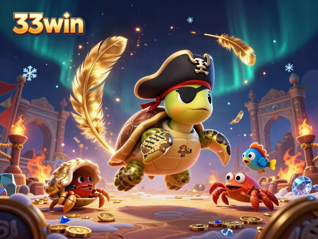 Engage with 33win’s thrilling pirate-themed casino scene featuring treasures and vibrant characters.