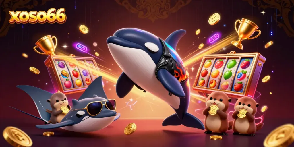 Xoso66 offers thrilling casino experiences as an orca rides the dynamic waves of slot reels and golden coins.
