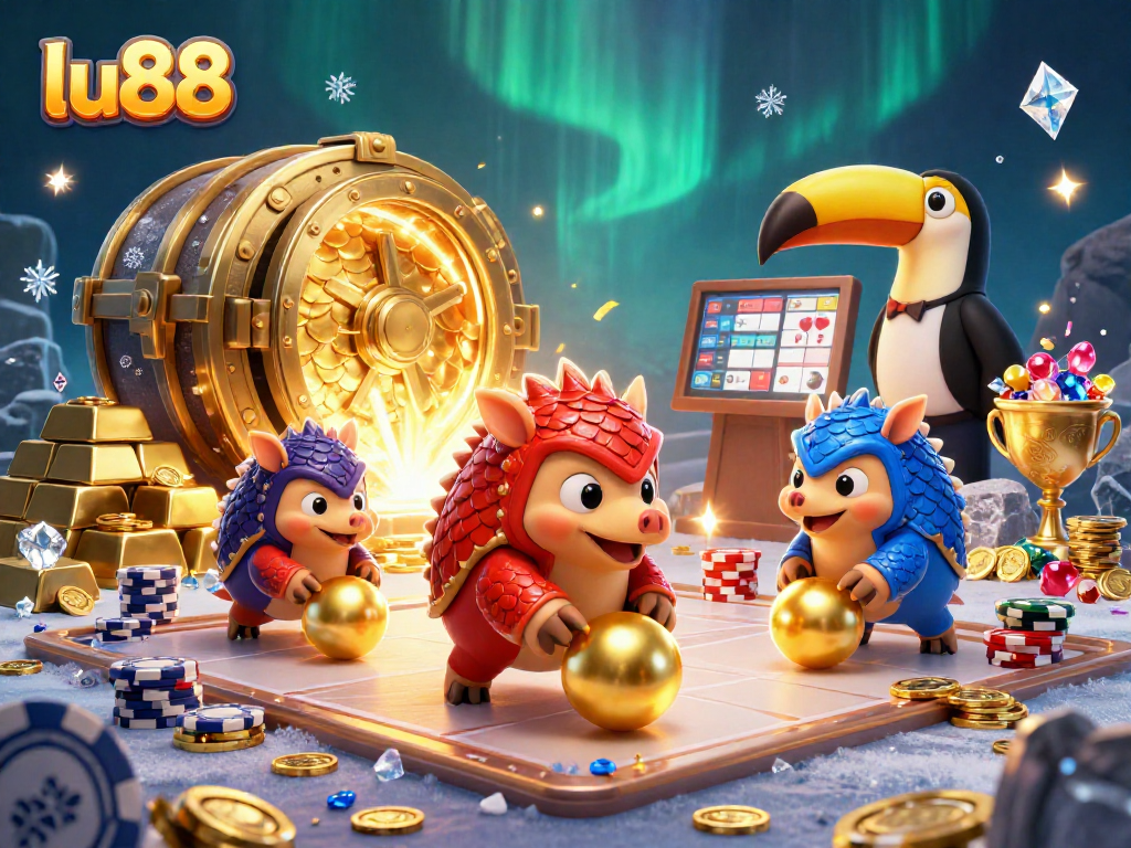 Experience thrilling casino action with lu88 as rival pangolins roll golden balls, amidst riches and excitement.