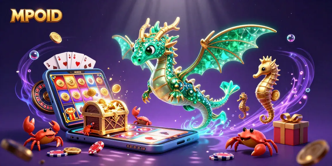 MPOID immersive 3D casino scene featuring a majestic sea dragon and treasure chest amidst dynamic slot game action