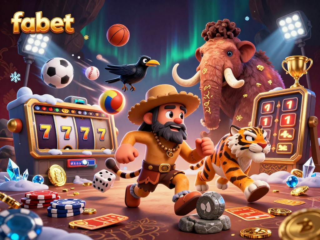 Experience fabet's thrilling gaming atmosphere with cavemen and sports elements in a prehistoric casino