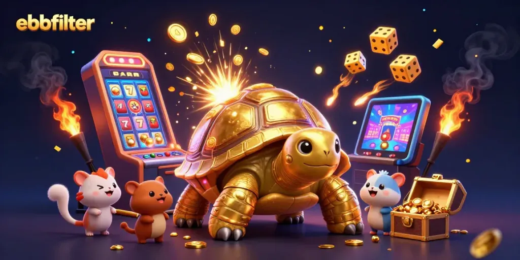 ebbfilter showcases thrilling casino action with a golden tortoise pinball machine and jackpot slot successes.