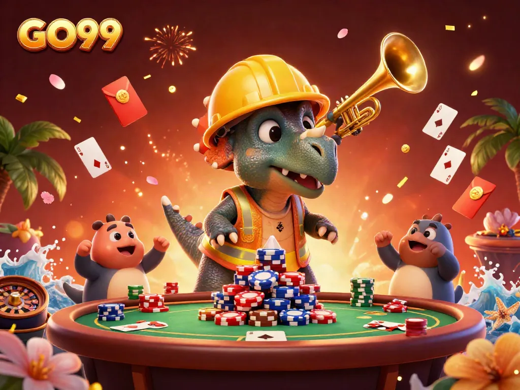 Interact with GO99's vibrant casino scene featuring animated characters celebrating gaming wins.