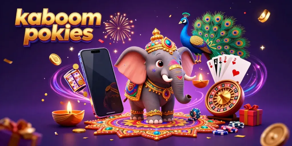 Experience kaboom pokies with a colorful 3D casino scene featuring a festive elephant, peacock, and dynamic gaming elements.