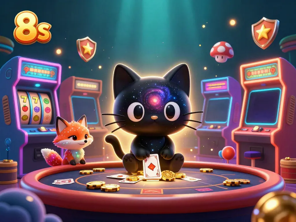 Experience thrilling wins at 8s casino with a cosmic cat pulling in chips and cards.