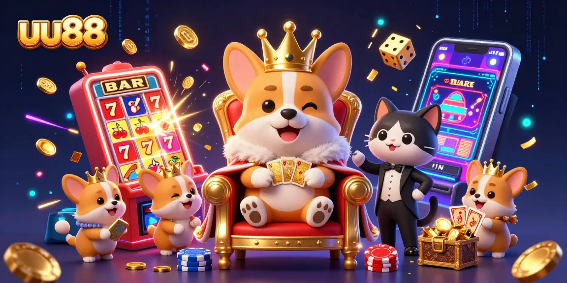 Experience the excitement of uu88 with a royal corgi in a vibrant casino atmosphere full of jackpots and games.