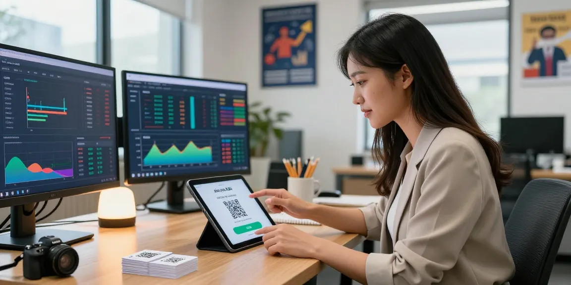 Professional woman engaging with the slot qris 5000 payment interface in a modern office.