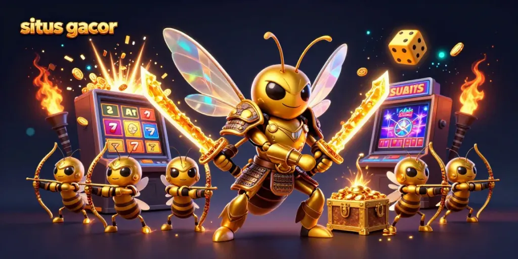 Menang jackpot di situs gacor dengan ilustrasi 3D mendetail fitur karakter hornet emas dan mesin slot.