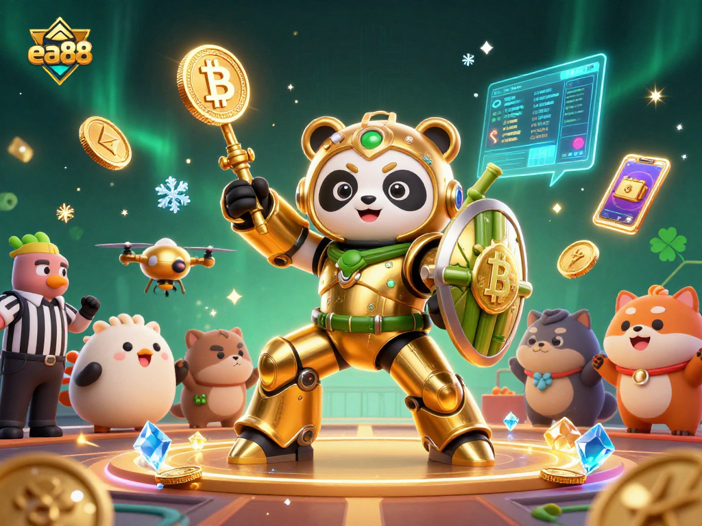 Engage in thrilling gameplay at ea88, showcasing a mech-suit golden panda in an exhilarating gambling showdown.