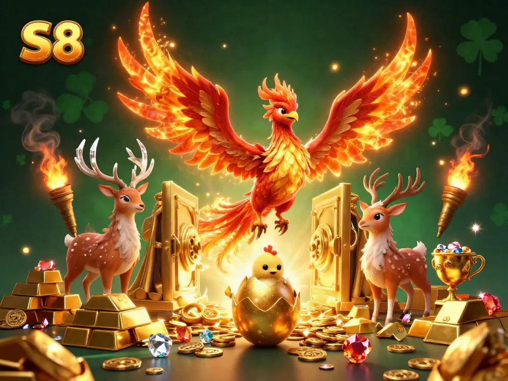 Experience S8’s thrilling gaming world with a vibrant phoenix, gold treasures, and casino elements