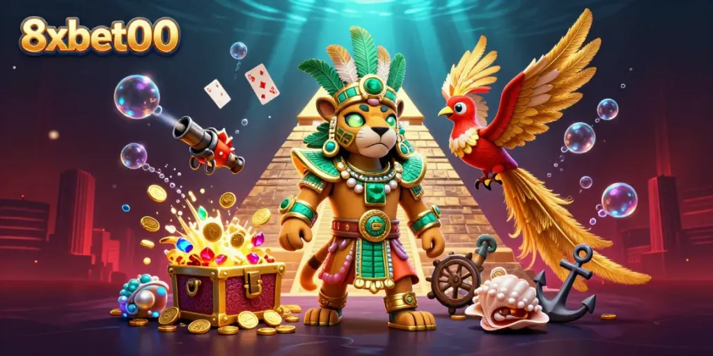 Experience the vibrant world of 8xbet00 with energetic characters amidst underwater treasures and casino excitement.